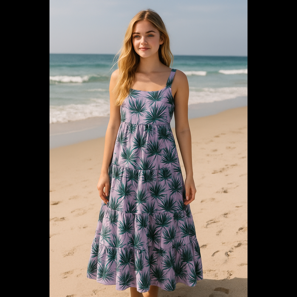 Purple Palm Print Maxi Dress Elastic Back & Straps 100% Cotton Tiered Sundress M